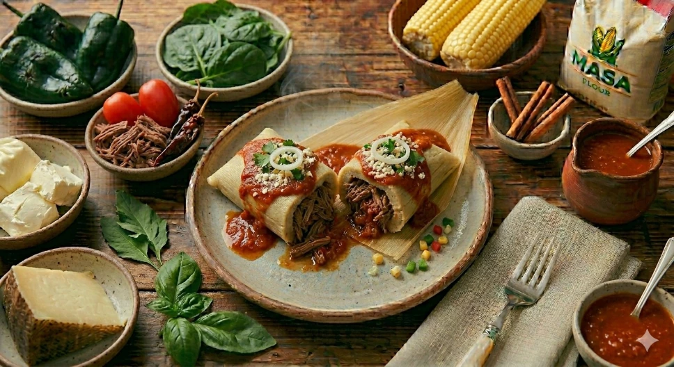 Tamales de Deshebrada (carne de res en salsa roja)