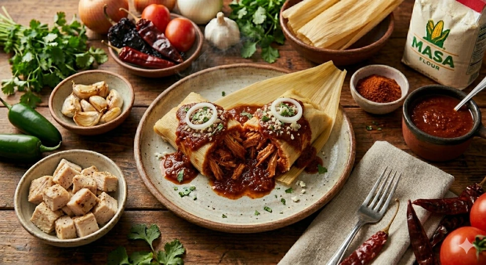 Tamales de Pollo en salsa roja