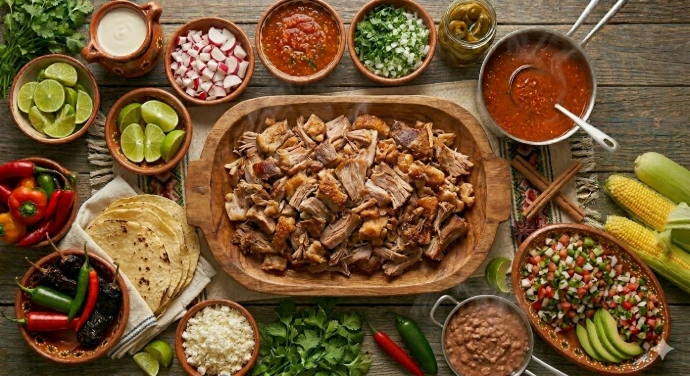 Carnitas de puerco (cuerito, maciza, en salsa morita)